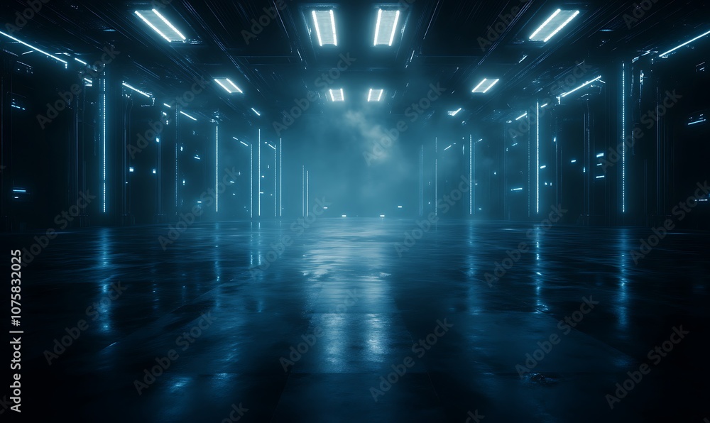 Poster A dimly lit, futuristic space with glowing blue lights and reflections on a glossy floor, creating a moody and atmospheric environment.