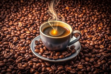 a cup of coffee with a fire in the background