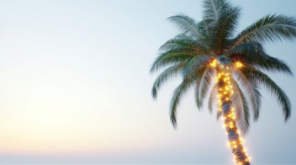 Palm tree decorated with lights at sunset, tropical serenity concept
