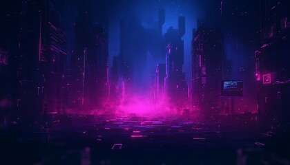 A vibrant, futuristic cityscape illuminated by neon lights in shades of pink and blue, creating a mystical atmosphere.