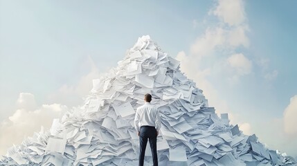 Businessperson Facing the Towering Mountain of Paperwork and Reports