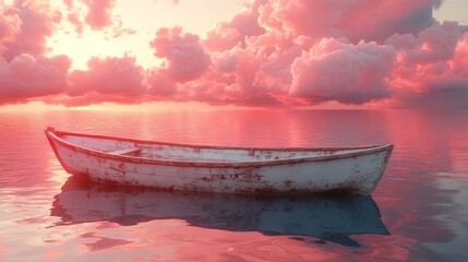Fototapeta premium Solitary boat on calm pink sea at sunset, dreamlike atmosphere. Tranquility and solitude concept