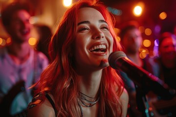 young diverse friends singing karaoke at a night club, having fun, laughing, celebrating, and enjoying nightlife