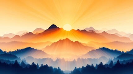 Obraz premium Mountain Sunrise: Majestic Fir and Spruce Trees Against Silhouetted Mountain Range. Vector Forest Hiking Adventure Background with Sunbeams and Panoramic View.