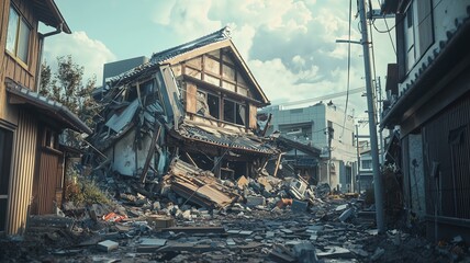 巨大地震による日本家屋の倒壊