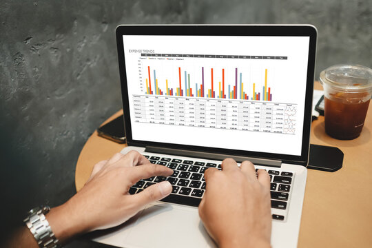 Person analyzing expense trends data on laptop screen showing monthly financial bar graphs and spreadsheet details. Close-up of hands typing with wristwatch visible, coffee cup in background.