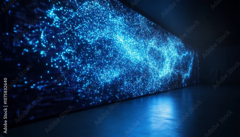Fototapete a digital display features vibrant blue lights creating a galaxy-like visual effect in a dark space.