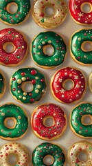 Fototapeta premium Festive donuts with colorful icing and sprinkles, top view. Holiday dessert and celebration concept