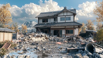 巨大地震による日本家屋の倒壊