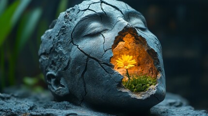 Cracked stone face sculpture with flower inside, symbolic of nature and decay