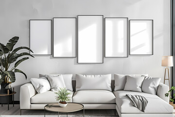 Stylish modern living room featuring a cozy white sectional sofa, minimalist decor, and empty frames poised for artwork.