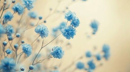 Blue flowers in soft focus on a beige background, delicate nature. Serene and peaceful concept