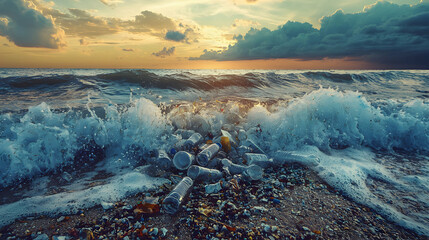 Naklejka premium Ocean Waves Wash Over Plastic Bottles and Debris