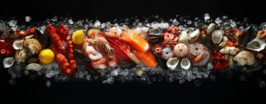 Seafood Banner with Salmon, Squid, Octopus, Mussels, Oysters, Clams, and Shrimp on Ice on Black Background