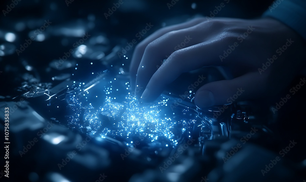 Poster a hand reaches towards glowing particles, symbolizing interaction with technology and innovation in 