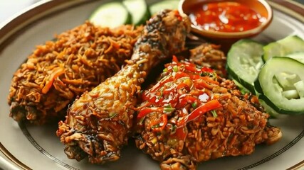 Crispy Fried Chicken with Sweet and Spicy Sauce and Cucumber Slices