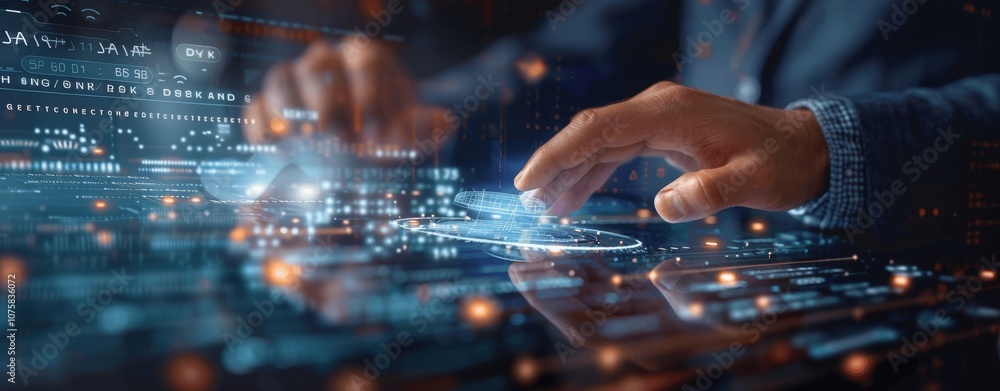 Aufkleber businessman using futuristic smart device with ai, big data and digital interface technology