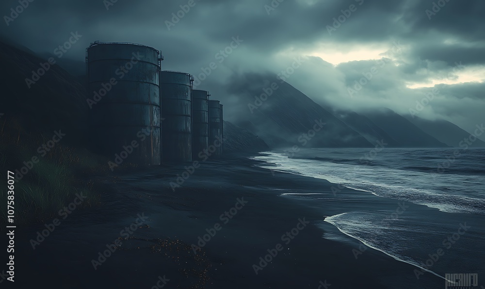 Poster A desolate coastal scene with towering structures, shrouded in mist and dark clouds, creating a mysterious and eerie atmosphere.