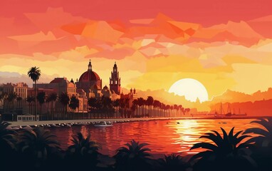 A vibrant sunset over a cityscape with palm trees and water reflections.