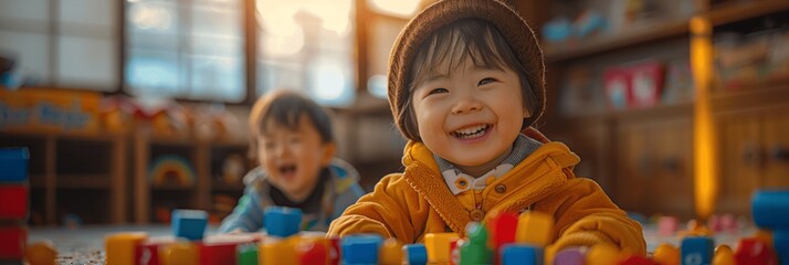 Obraz premium Happy Asian Toddler Playing with Toys in Children's Room