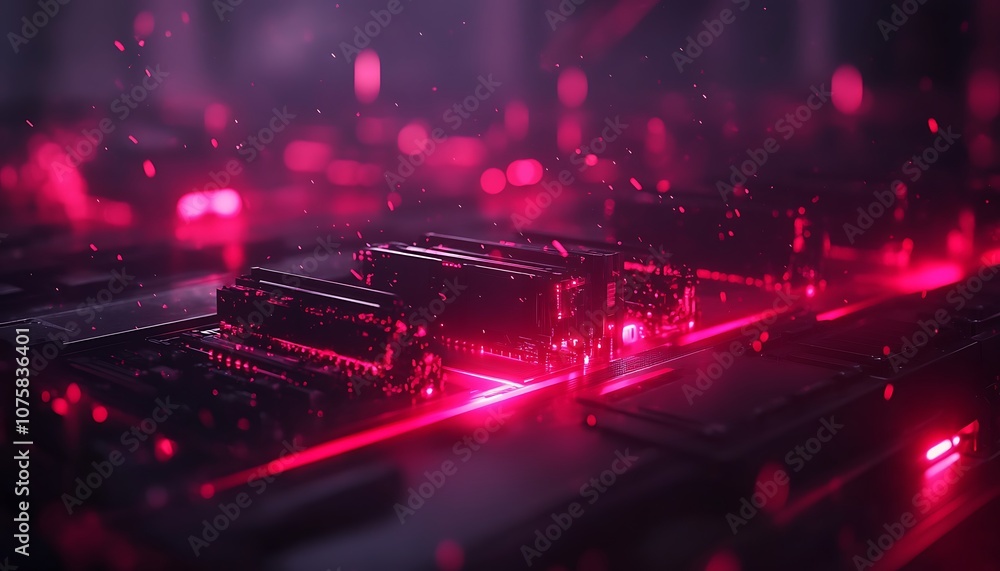 Poster a vibrant, abstract depiction of a digital circuit board illuminated by red light, conveying a futur