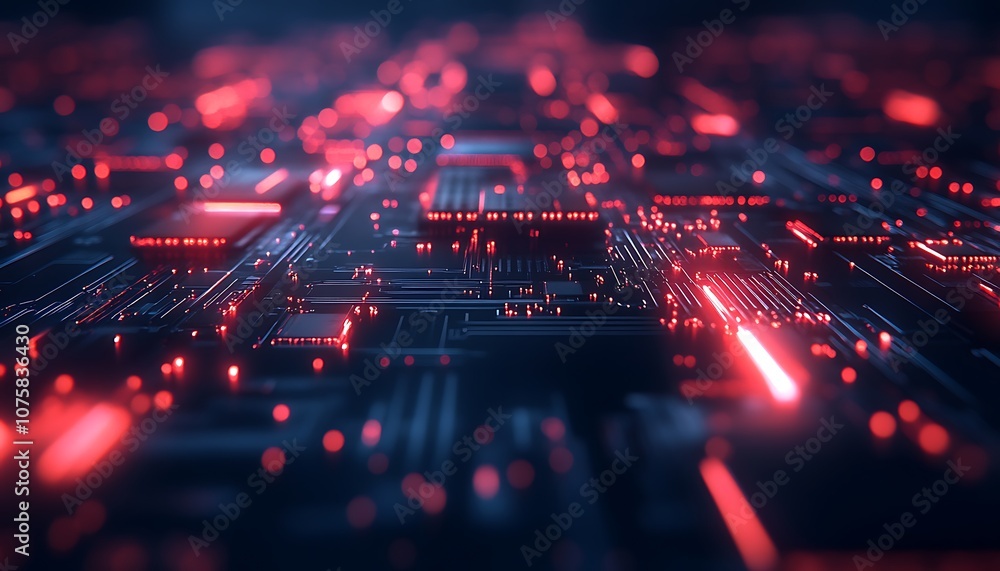Fototapete A close-up view of a futuristic, illuminated circuit board with glowing red lights, showcasing intricate electronic pathways in a digital environment.