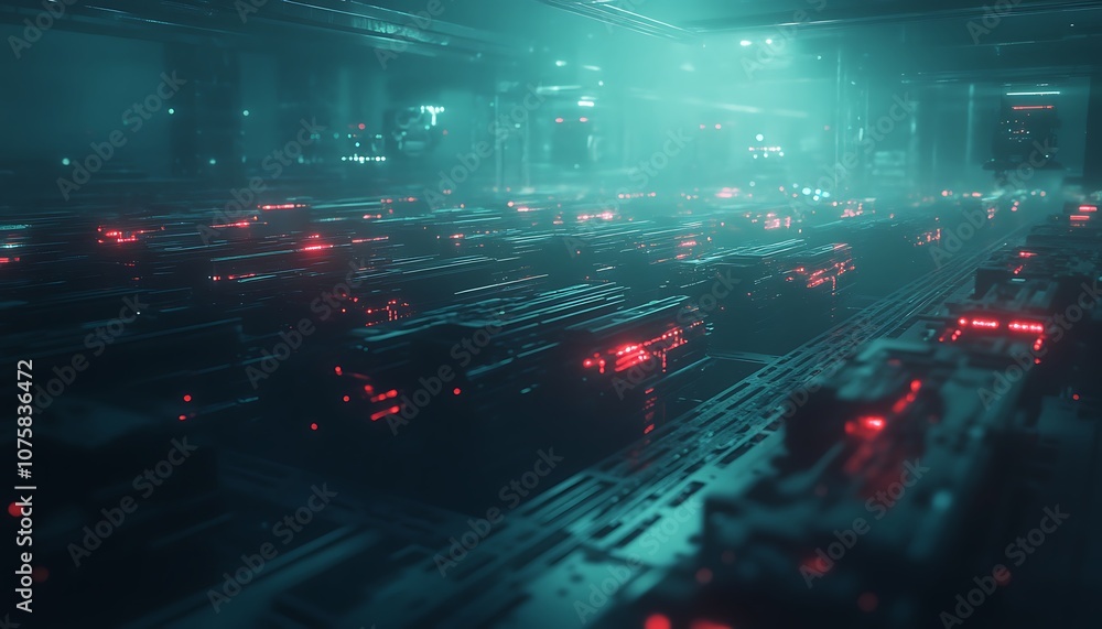 Poster a futuristic data center scene illuminated by red lights with a cool atmospheric haze, showcasing hi