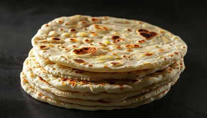 A stack of freshly baked flatbreads on a black surface.