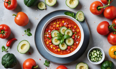 A bowl of gazpacho with cucumber and basil is surrounded by fresh ingredients like tomatoes, avocado, and peppers
