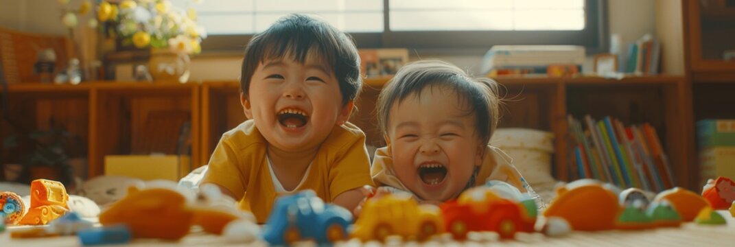 Cute Japanese Children Playing with Toys in Living Room