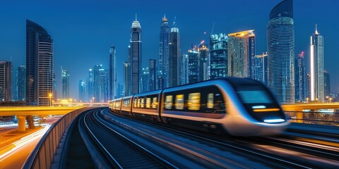 Cityscape, city at night, city skyline. Dubai business district skyline by night