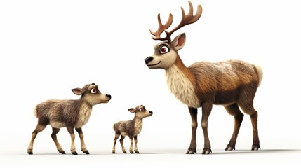 Fototapeta premium Three charming cartoon reindeer pose together in a snowy wonderland scene. Generative AI