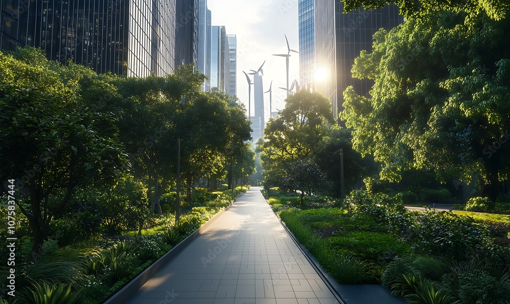 Aufkleber A serene urban pathway lined with lush greenery, leading through towering buildings illuminated by warm sunlight, creating a peaceful oasis in the city.