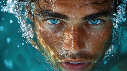 Fototapeta premium Diver Breaking Ocean Surface, Diver’s face and arms breaking the water’s surface from below, captured in mid-motion with water droplets flying upward