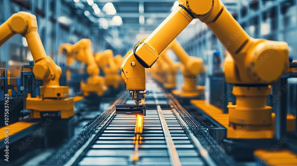 Poster robotic arm on assembly line performing automated task