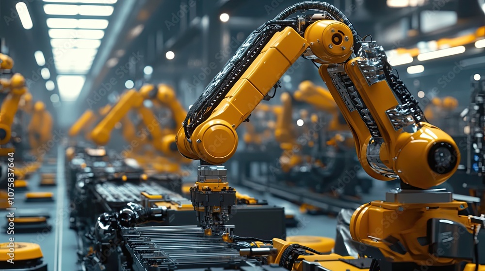 Poster yellow industrial robots on an assembly line in a factory