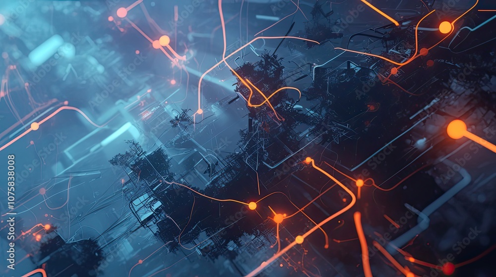 Poster abstract network with orange glowing lines and nodes on a dark blue background