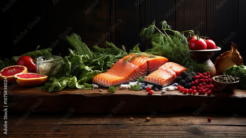 Poster fresh salmon fillets with herbs and colorful fruits on a rustic tabletop. generative ai