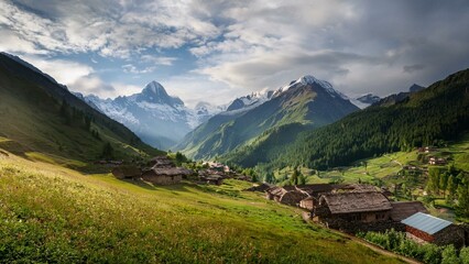 Remote mountain village surrounded by green hills and forests, a natural and serene escape
