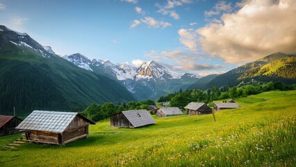 Obraz premium Peaceful mountain village with traditional homes and panoramic views of lush hills and valleys 