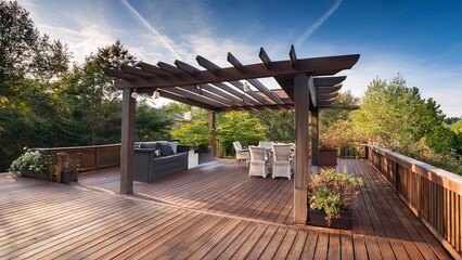 Spacious walkout deck with attached pergola creating comfortable shade in a serene outdoor setting
