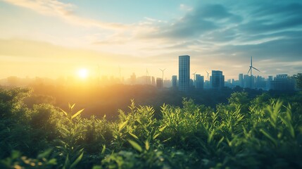 A serene sunrise over a lush landscape, blending urban buildings and wind turbines under a vibrant sky.