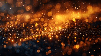 Obraz premium Golden particles and glitter background for Christmas, New Year, or wedding celebration with shiny lights and bokeh effect