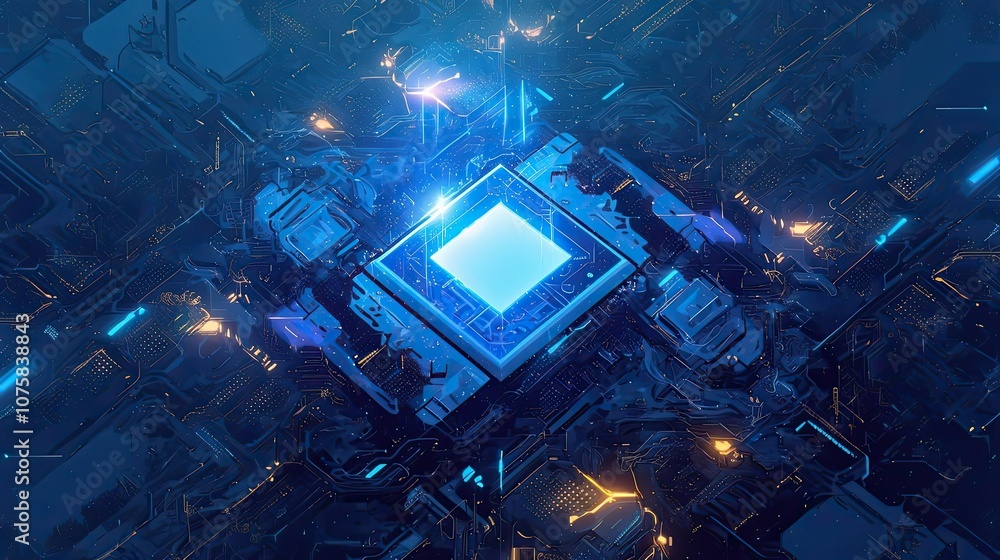 Poster abstract digital circuitry with glowing square