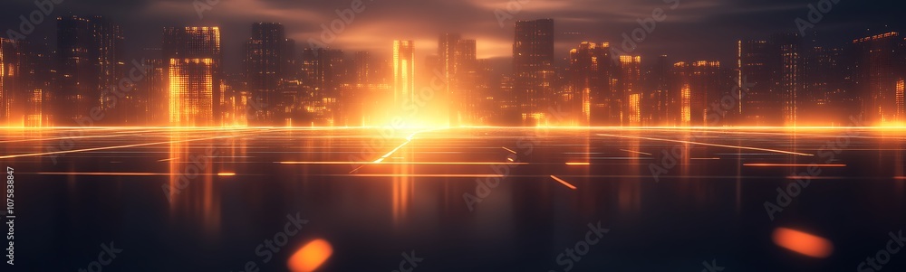 Aufkleber A vibrant, futuristic city skyline illuminated by glowing light, reflecting on water, creating a captivating and dynamic atmosphere.