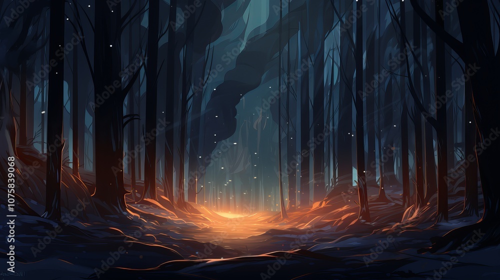 Poster mystical twilight forest path illuminated by a warm glow in a misty landscape. generative ai