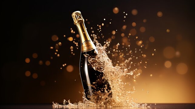 Bubbling champagne bottle celebrated with golden splashes at a festive gathering. Generative AI