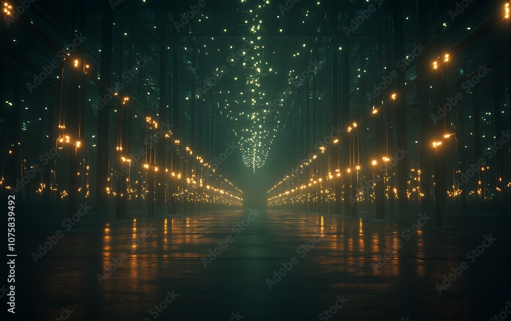 Poster A mystical forest pathway illuminated by glowing lights, creating an enchanting and serene atmosphere.