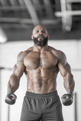 Fototapeta premium Muscular Boxer Training with Jump Rope in Gym, Focused on Fitness and Strengthening Muscles for Active Lifestyle and Athletic Performance