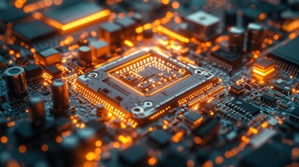 Obraz premium Close-up of a glowing microchip on a circuit board.